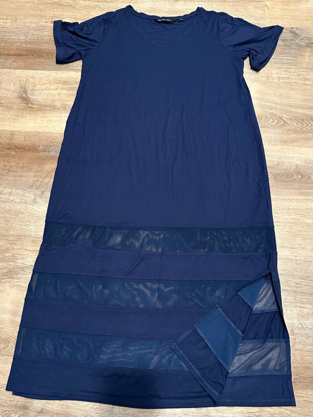 Colleen Lopez Navy Midi Dress with Sheer Panel Hem